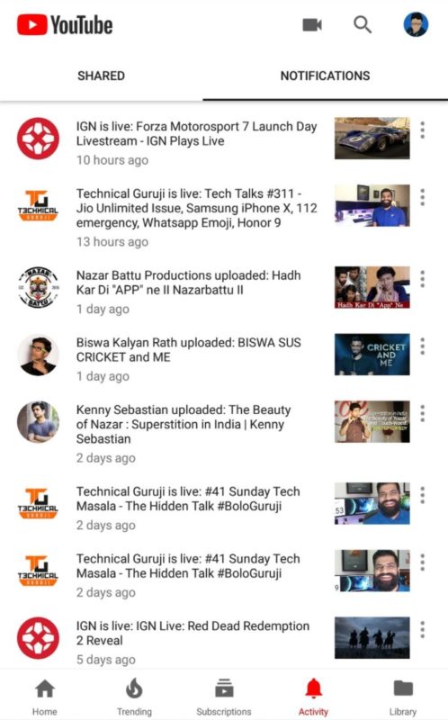 YouTube App Aktivitäten Tab