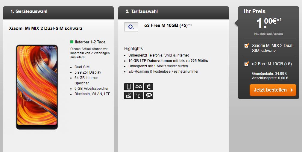 Xiaomi Mi Mix 2 + o2 Free M (10 GB) für nur 35 Euro mtl.