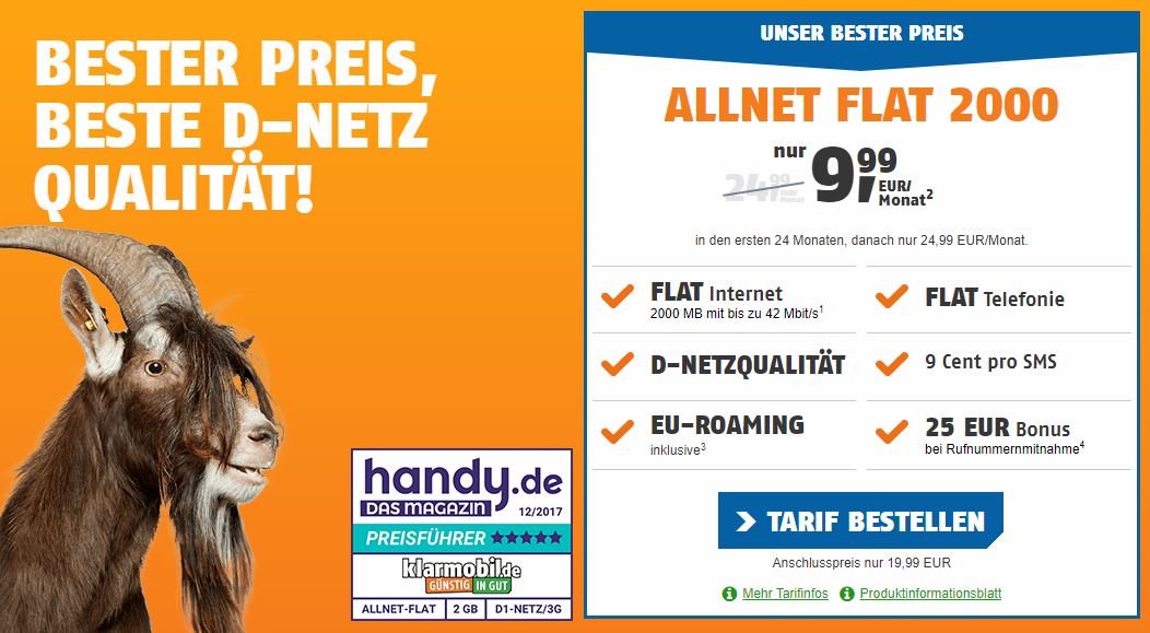 Klarmobil Allnet-Flat 2000er Aktion Januar 2018