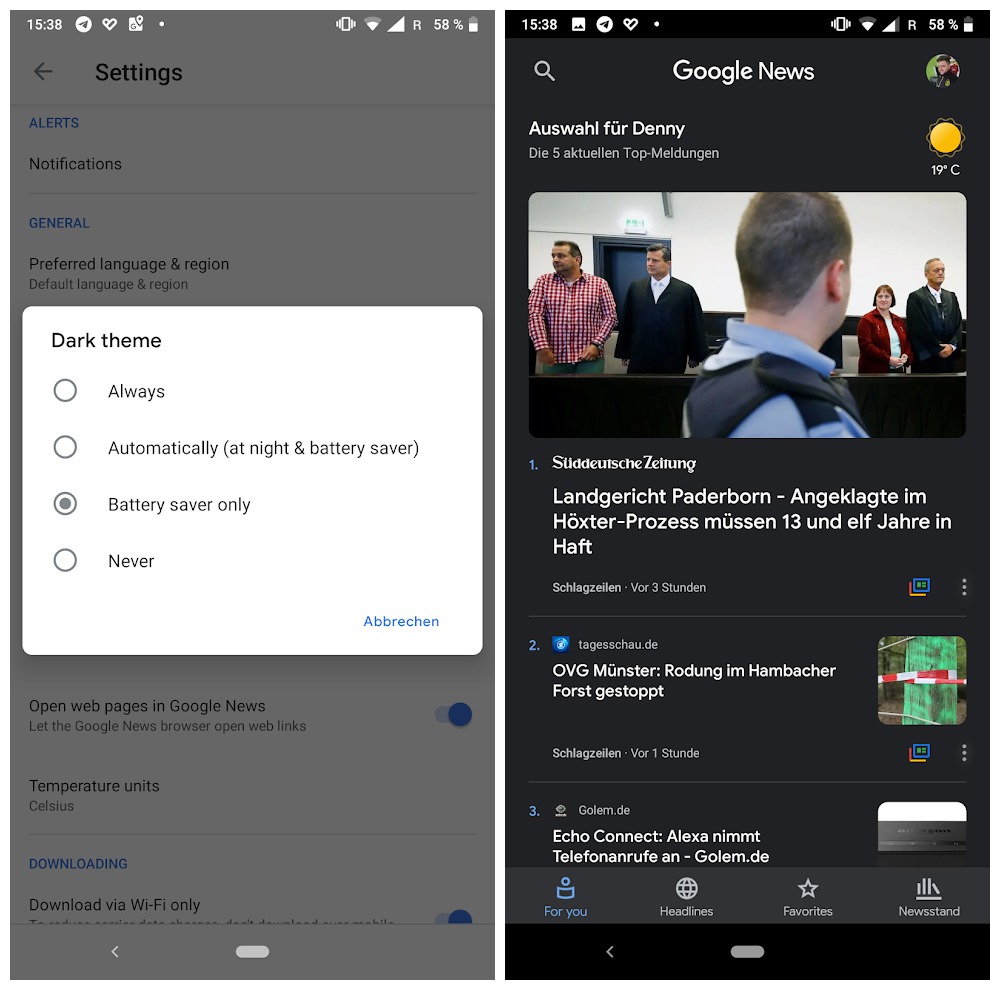 Google News dunkles Design