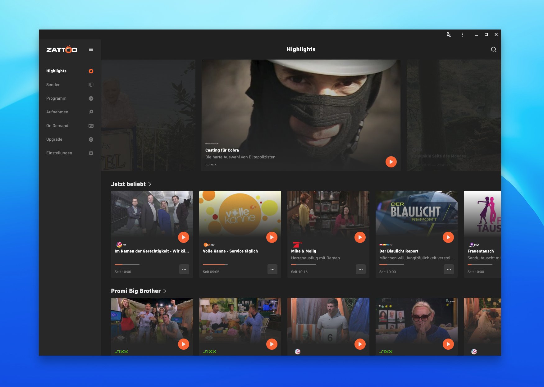 Zattoo Web App Header