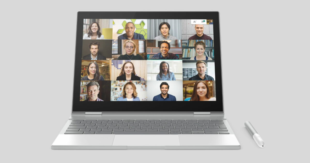 Google Meet Large Video Calls 16 Member Mockup Pixelbook Chromebook Header