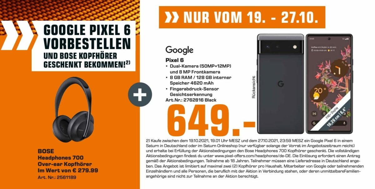 Saturn Google Pixel 6 Bose Headphones Angebot